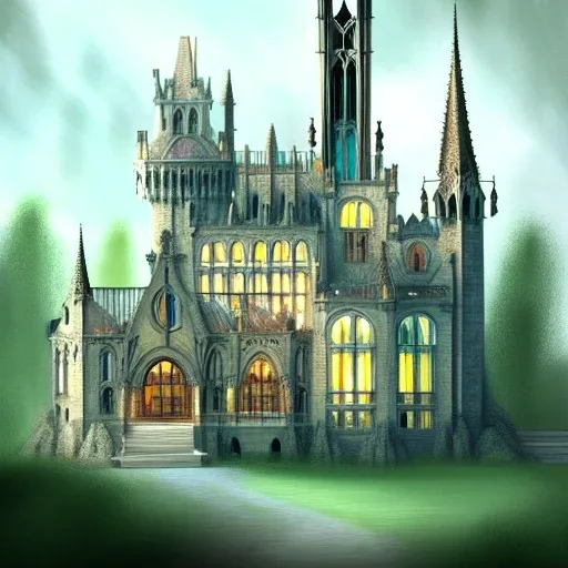 concept art, concept art, design, masterpiece, neogothic castle, glass castle, glass walls, glass exterior