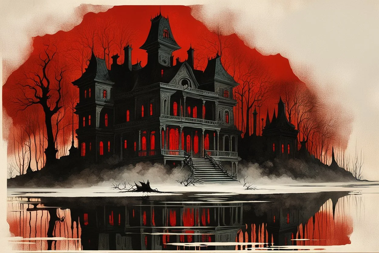 Dramatic nighttime haunted decaying Mansion on the banks of a red lake bathed in fog, shadow silhouettes of giant gaunt figures in the background, by Victo Ngai, by Stephen Grammell, by Zdzislaw Beksinski, acrylics with dripping paint diffusion, dark colors, sinister haunted house horror art, reflective, deep shadows, surrealism, expansive, cel-shading, octane 3D render, chiaroscuro.