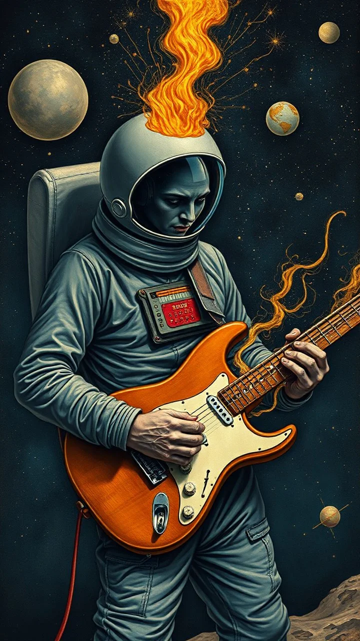 Hieronymus Bosch style , a spaceman playing the electric guitar