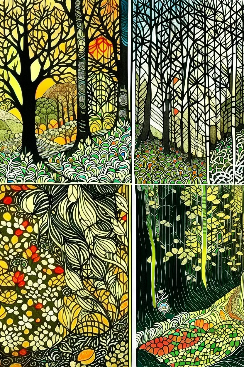 random color Zentangle patterns in the styles of Gustav Klimt ,Wassily Kandinsky, Paul Klee, and Kay Nielsen that depicts a a remote autumn forest glade, with fine ink outlining