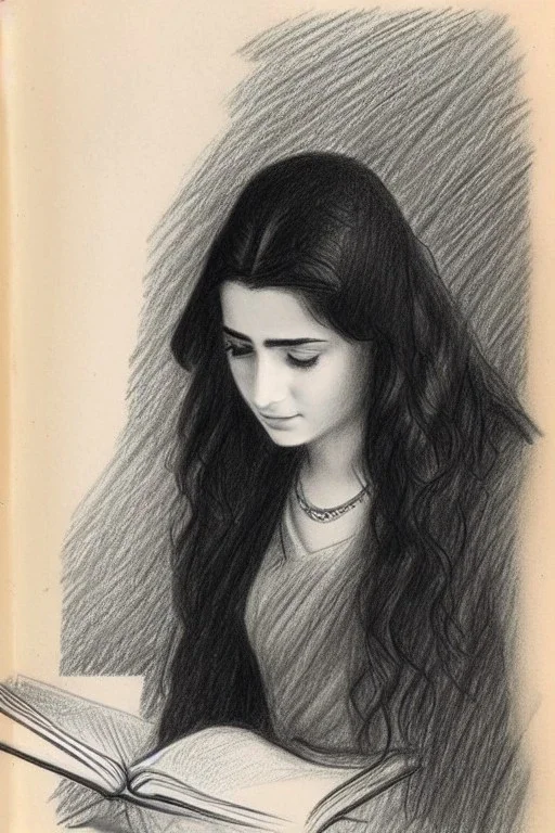 Pencil sketch of Young woman, Arab features,sad, long wavy hair, reading a book, full body، on lined paper