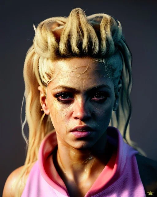 portrait, Shakira, blonde artist, angry, Realistic image, MMA robe, hoodie, mma gloves, loose long hair, eyes make up, gold line make up, moisture, sweat, fog, Neon colors, leds. Black background, photo studio, concept art, smooth, unreal engine 5, god lights, ray tracing, RTX, lumen lighting, ultra detail, volumetric lighting, 3d, finely drawn, high definition, 4k.