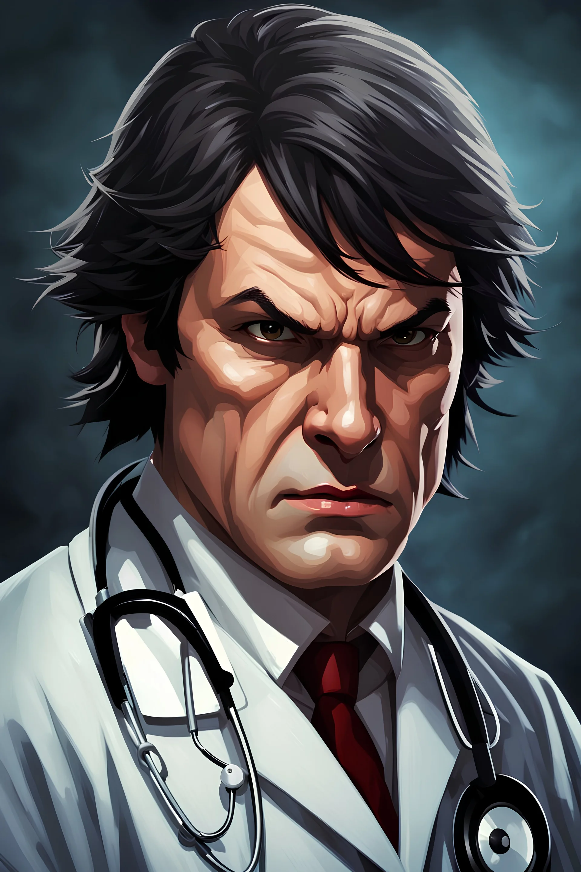 portrait of a 40 year old doctor with dark hair and a scowling expression, angry eyes