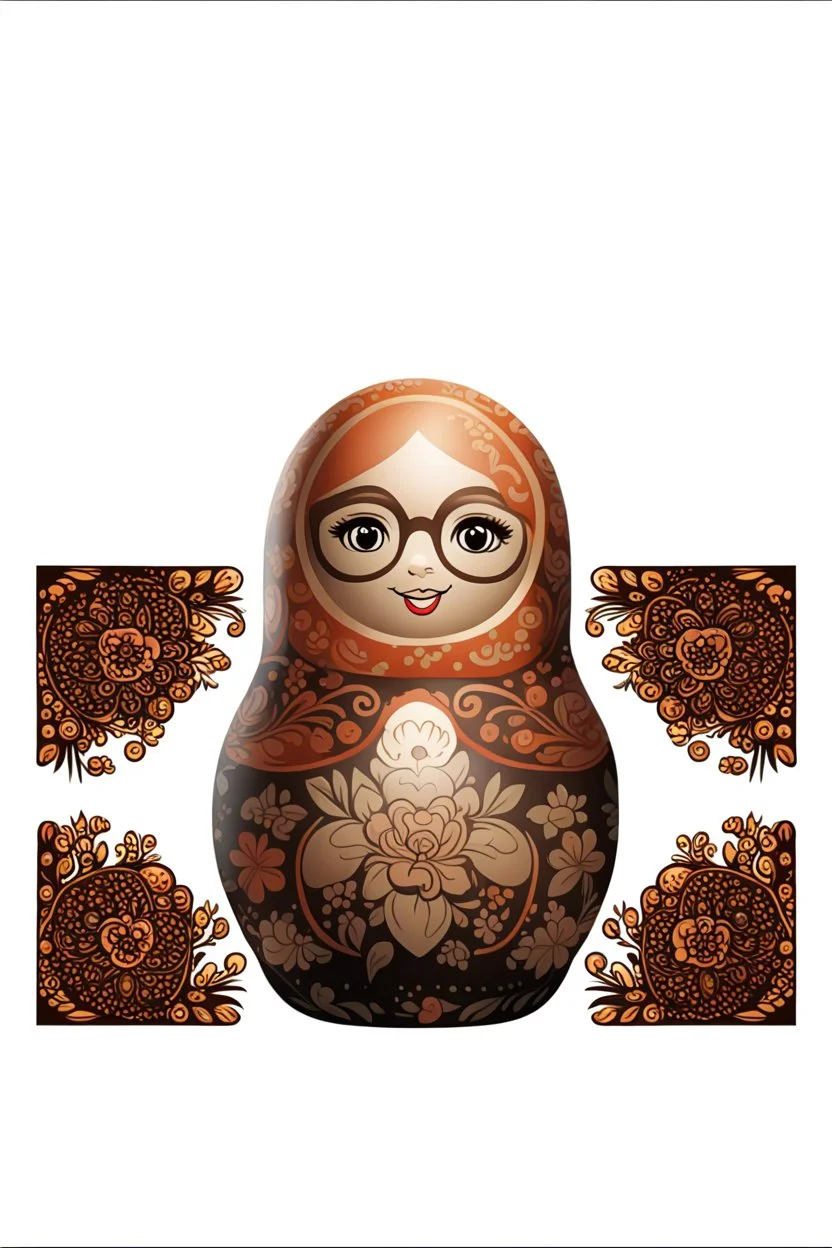 draw a matryoshka doll in the style of Khokhloma, the matryoshka is smiling, take the matryoshka dolls patterns from Khokhloma