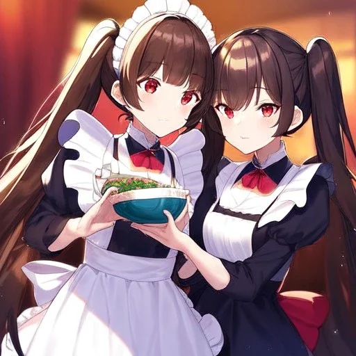 Clear focus, High resolution, Rough line, cute, anime style, red eyes, sparkling eyes, brown hair, red eyes, wearing a maid outfit, long twin tails, long bangs,choppy long bangs