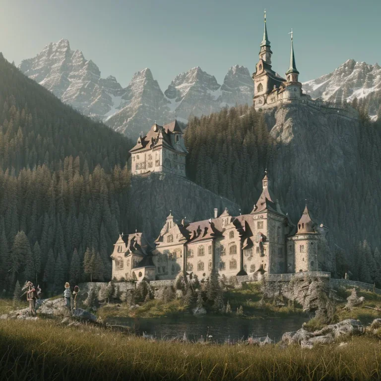 Family posing for a picture in front of an Austrian castle, Alps, 8k, HD, cinematography, photorealistic, Cinematic, Color Grading, Ultra-Wide Angle, Depth of Field, hyper-detailed, beautifully color-coded, insane details, intricate details, beautifully color graded, Cinematic, Color Grading, Editorial Photography, Depth of Field, DOF, Tilt Blur, White Balance, 32k, Super-Resolution, Megapixel, ProPhoto RGB, VR, Halfrear Lighting, Backlight, Natural Lighting, Incandes