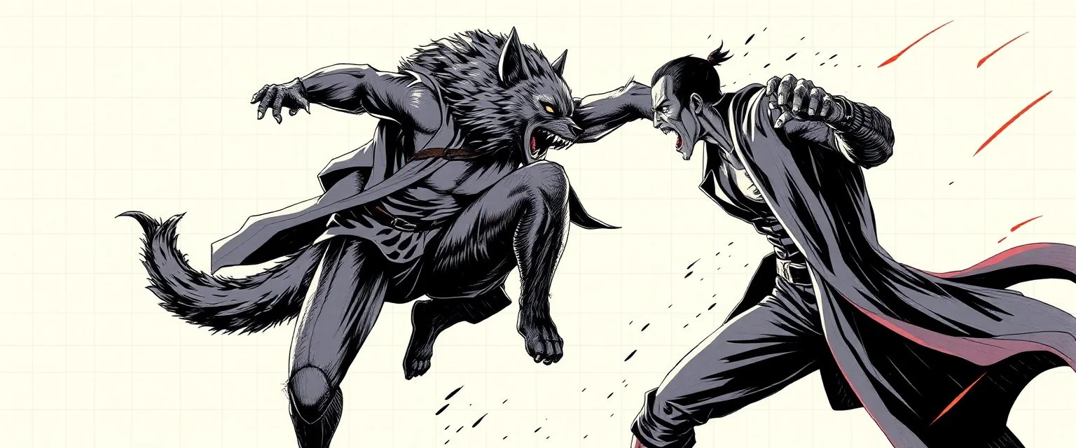 werewolf vs vampire cyberpunk action scene, acrobatic dodge, cape, all seen drawn on isometric grid