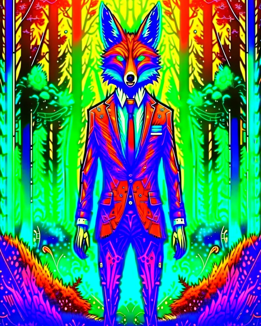 Arte lineal de Fox humanoide futurista, traje de corbata, arte conceptual, calidad ultra, hiperdetallado, maximalista, 12k, full body fondo bosque
