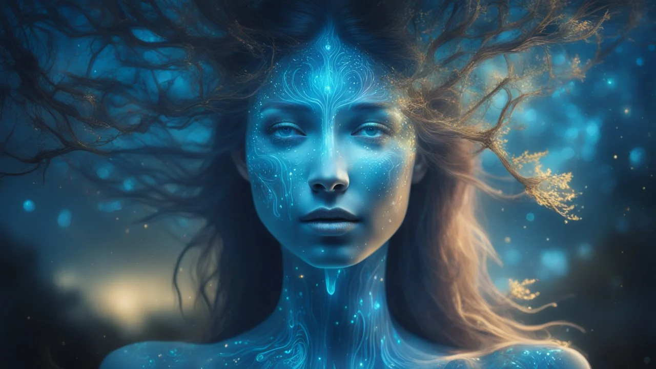 The photo is in a bioluminescent and bioluminescent art style depicting a divine tree woman, double exposure, Bioluminescent dewy translucent glowing skin, ethereal glowing eyes, long neck, perfect face in ultra-realistic details, blue hues, flowing hair, The composition imitates a cinematic film with dazzling, gold and silver lighting effects. Intricate details, sharp focus, crystal clear skin create high detail. 3d, 64k, high resolution, high detail, computer graphics, hyperrealism, f/16, 1/30