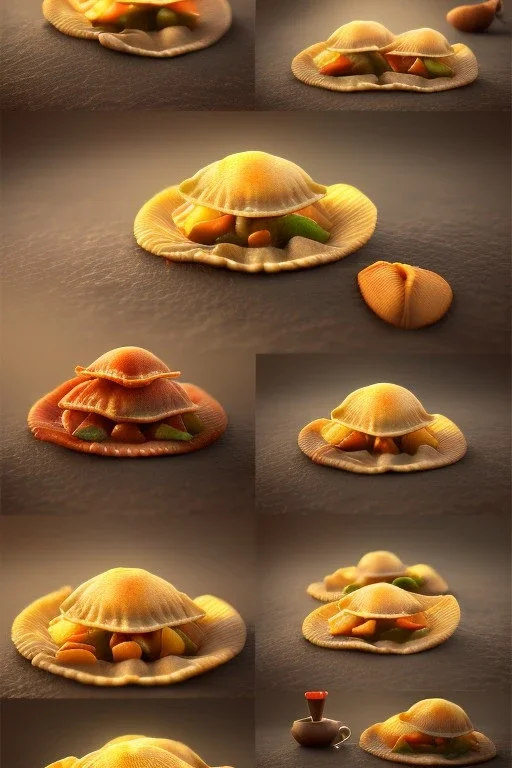 Ravioli collage art , cooking photo, realistic style ,smooth, god rays, unreal engine 5, ray tracing, RTX, lumen lighting, ultra detail, volumetric lighting