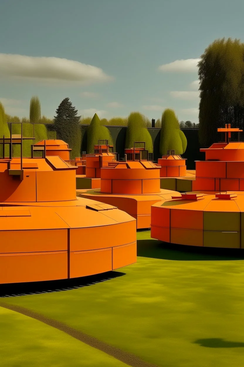 An orange colored battlefield with tanks painted by Piet Mondrian