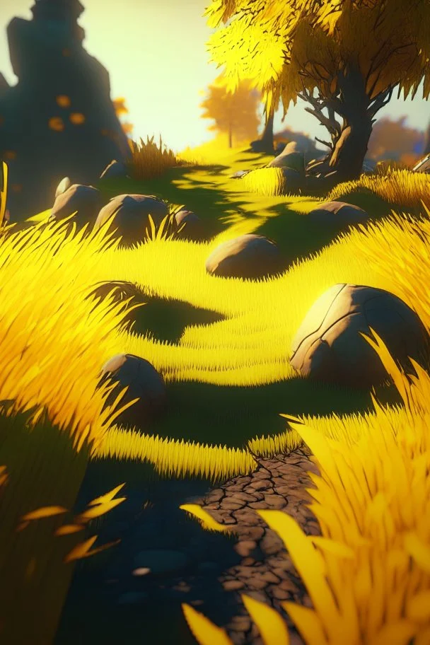 brilliant raytraced game map with yellowish grass, 4k, nvidia graphics, volumetric light, depth of field, autumn, trending art, fantasy art, knight