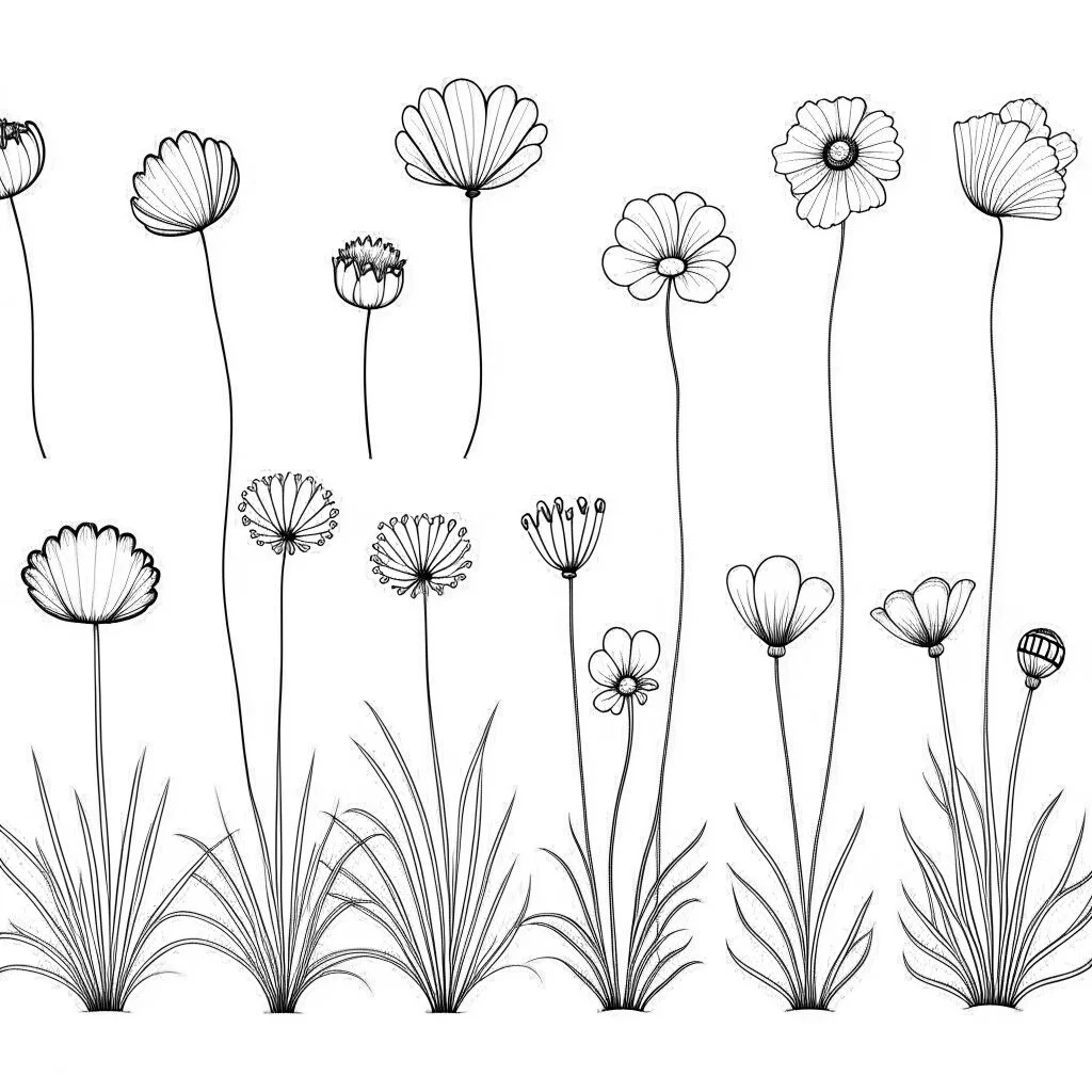 set of grow wind flowers on the grace, SIMPLE ONE lineS art, white background, minimalis, different view, only white bakcground solid.