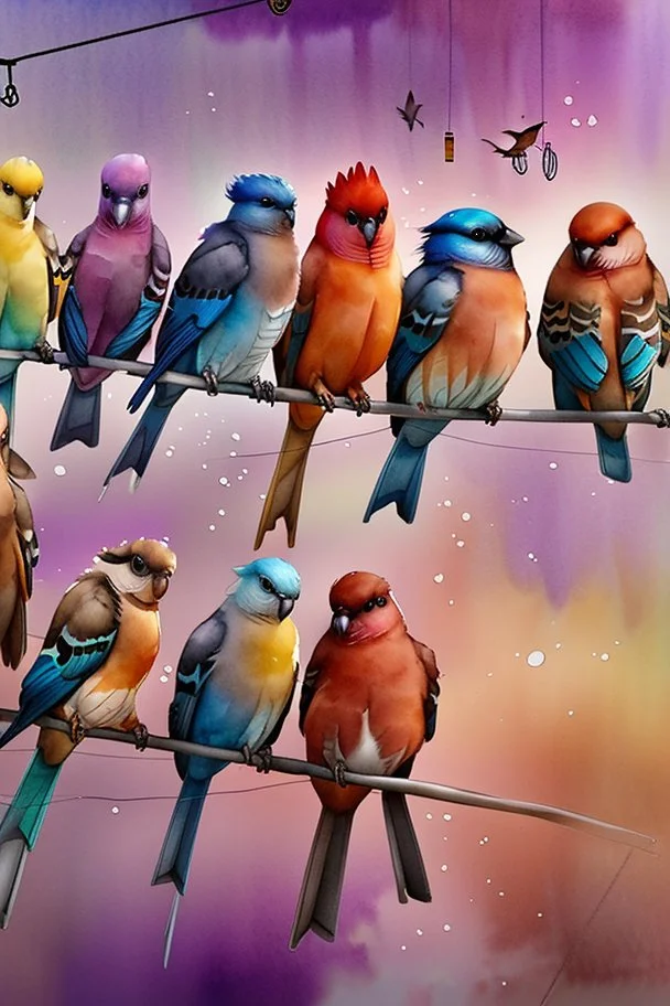 A captivating watercolor illustration featuring six exquisitely rendered birds perched gracefully on a wire. Each bird exhibits a unique color palette, from the rich browns and grays to the bold blues, reds, and yellows, culminating in the enchanting purple hue. The composition emphasizes the birds' side profiles, creating a dynamic visual effect. Their vibrant plumage beautifully contrasts against the pristine white background, resulting in a harmonious blend of nature and color that captivates