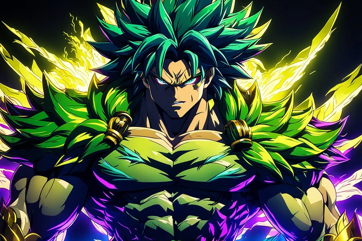 Broly in 8k solo leveling shadow artstyle, dynamic pose, oshare kei, hurufiyya, rtx , neon lights, intricate details, highly detailed, high details, detailed portrait, masterpiece,ultra detailed, ultra quality