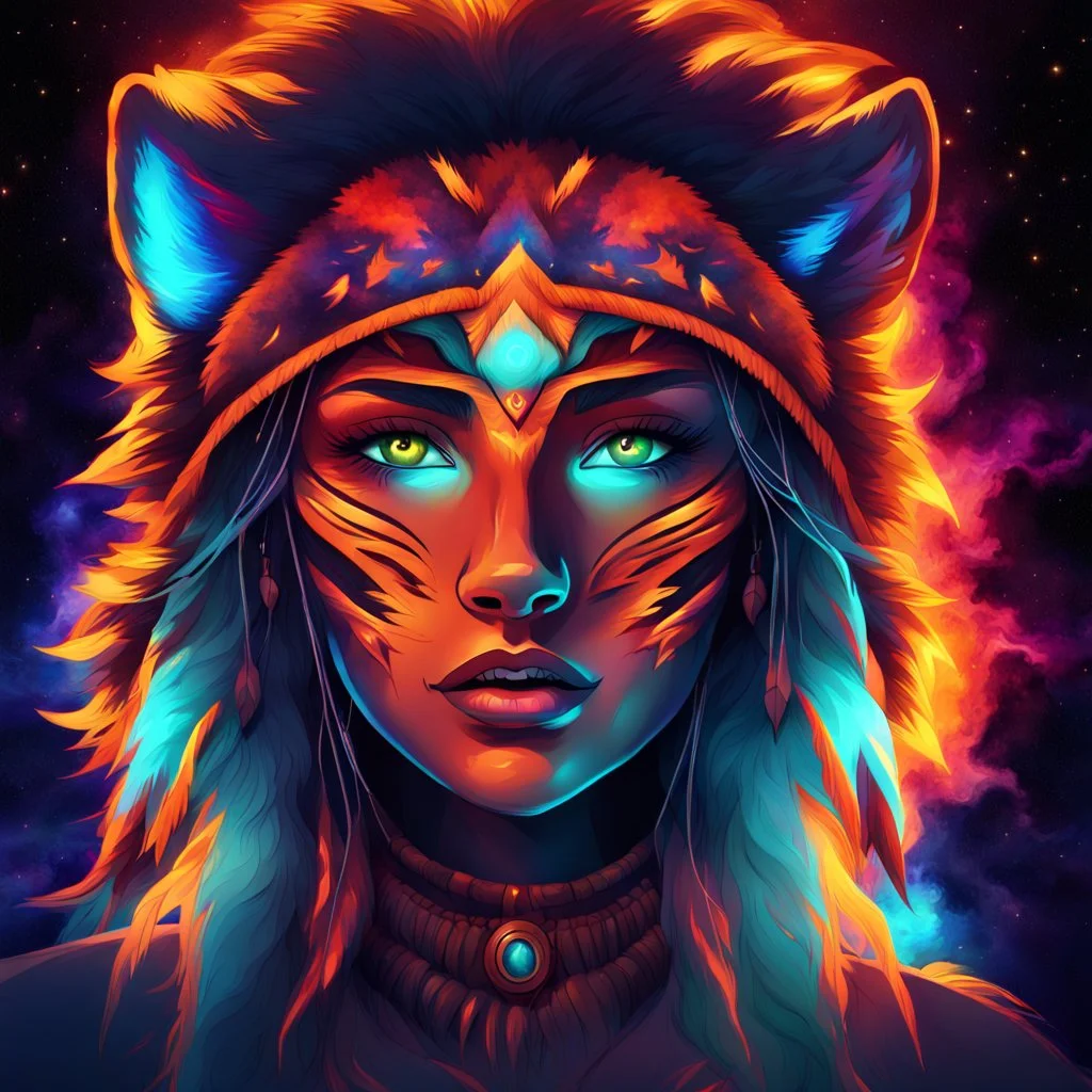 Cosmic dream face, woman, neon, abstract, amazing shadow and lightning, 4k, cinematic, glowing eyes, cosmic, face, dream, space, stars, amazing, art, glowing, fire, fantasy, crazy, ultimate, club, insane, hippie, native american, digital painting, watercolor, wolves, bears, eagles