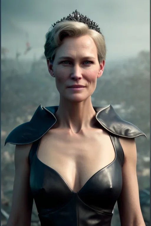 Robin Wright as evil queen in black leather, busty, cleavage, curvy, Claire Underwood, angry, stern look. character design by cory loftis, fenghua zhong, ryohei hase, ismail inceoglu and ruan jia. unreal engine 5, artistic lighting, highly detailed, photorealistic, fantasy