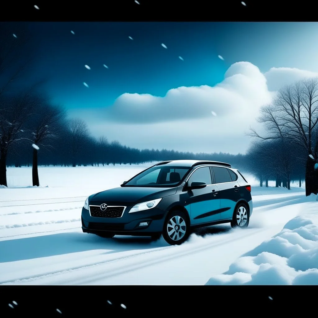 a picture of a landscape with deep snow and a very bad snowstorm goin, and a dark grey 2010 Hyundai i30 crdw classicwith a snow flurry moundted on the front, driving through deep snow, and all the snow from the road is removed by the snow flurry