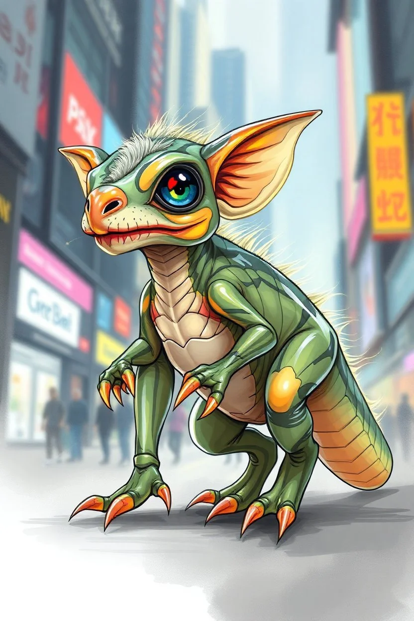 transparent gremlin sleek alien dinosaur weasel with cute fur, in big cyberpunk city crossover, volume light and motion blur, airbrush and pen outline