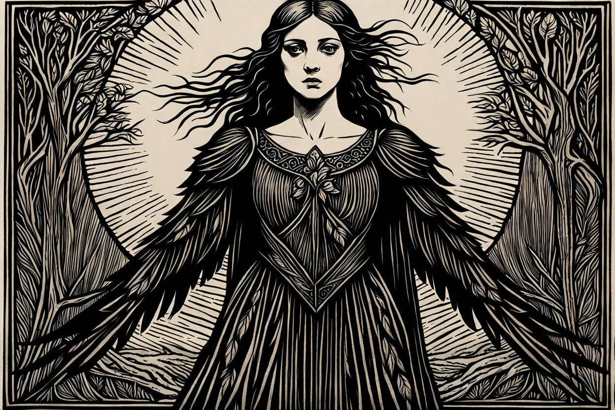 create a deeply powerful tragic, heart wrenching, evocative, and darkly magical full body woodcut of a raw and weathered raven maiden girl with highly detailed and deeply cut facial features, in the style of EDWARD BURNE-JONES, and KATHE KOLLWITZ , searing lines and forceful strokes