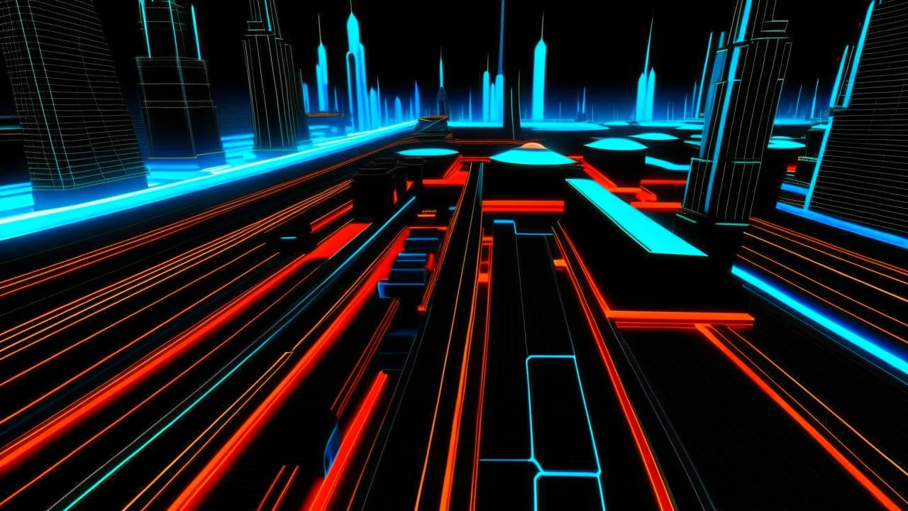 tron legacy movie, city, blue, red and orange,