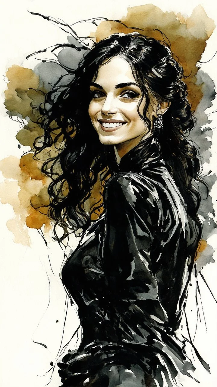 highly detailed, full body ink wash and watercolor painting, petite, shyly smiling, woman of Spanish and Lebanese heritage with long dark hair in a single braid, sharply defined angular facial features, anatomic perfection, by Andrea Kowch> <Yoji Shinkawa><Arthur Rackham> <Jean-Giraud Moebius, saturated vibrant natural color tones, precisely drawn and inked, 8k resolution