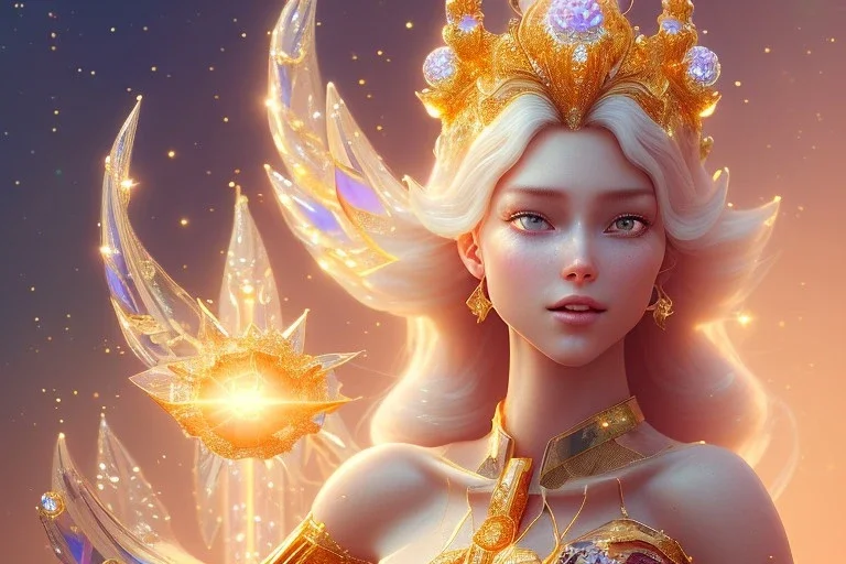 very beautiful crystal and gold goddess in a galactic ambiance, nice smiling, transparent petals, delicate colors, full of details, smooth, bright sunshine，soft light atmosphere, light effect，vaporwave colorful, concept art, smooth, extremely sharp detail, finely tuned detail, ultra high definition, 8 k, unreal engine 5, ultra sharp focus