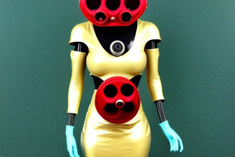 Tendril-gas-mask-Synthesizer-proboscis. Golden to cyan surfaces body, latex. skin is white hard plastic material. Cyborg. Metallic headphones and speakers, Old-fashioned cameras integrated to heads. Perfect body, thick thighs and calves. simple face. Wide hip, red fabric skirt bleats nicely. Partly symmetrical. Golden ratio. Space-corrosion, rusty and decayed background. Steam-machines-plunge-air-bottles. Blue euclidean 3D-tiling moth surveillance walls. Oppressive atmosphere