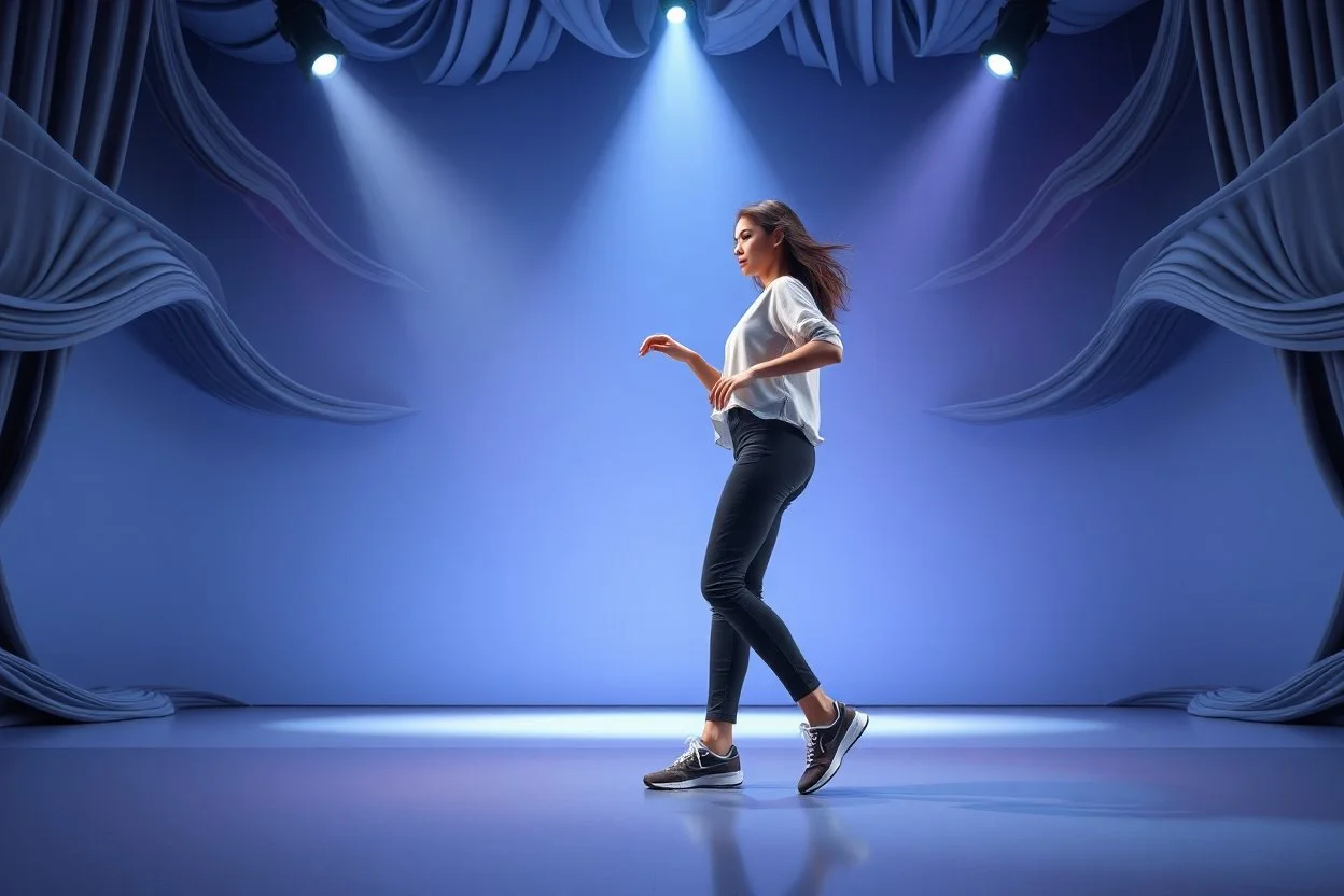 modern stage with gray-blue theme artistic decoration , color full dynamic lighting, a beautiful lady in pants and blouse with sport shoes dancing, 3D recursive fractal structure animating background