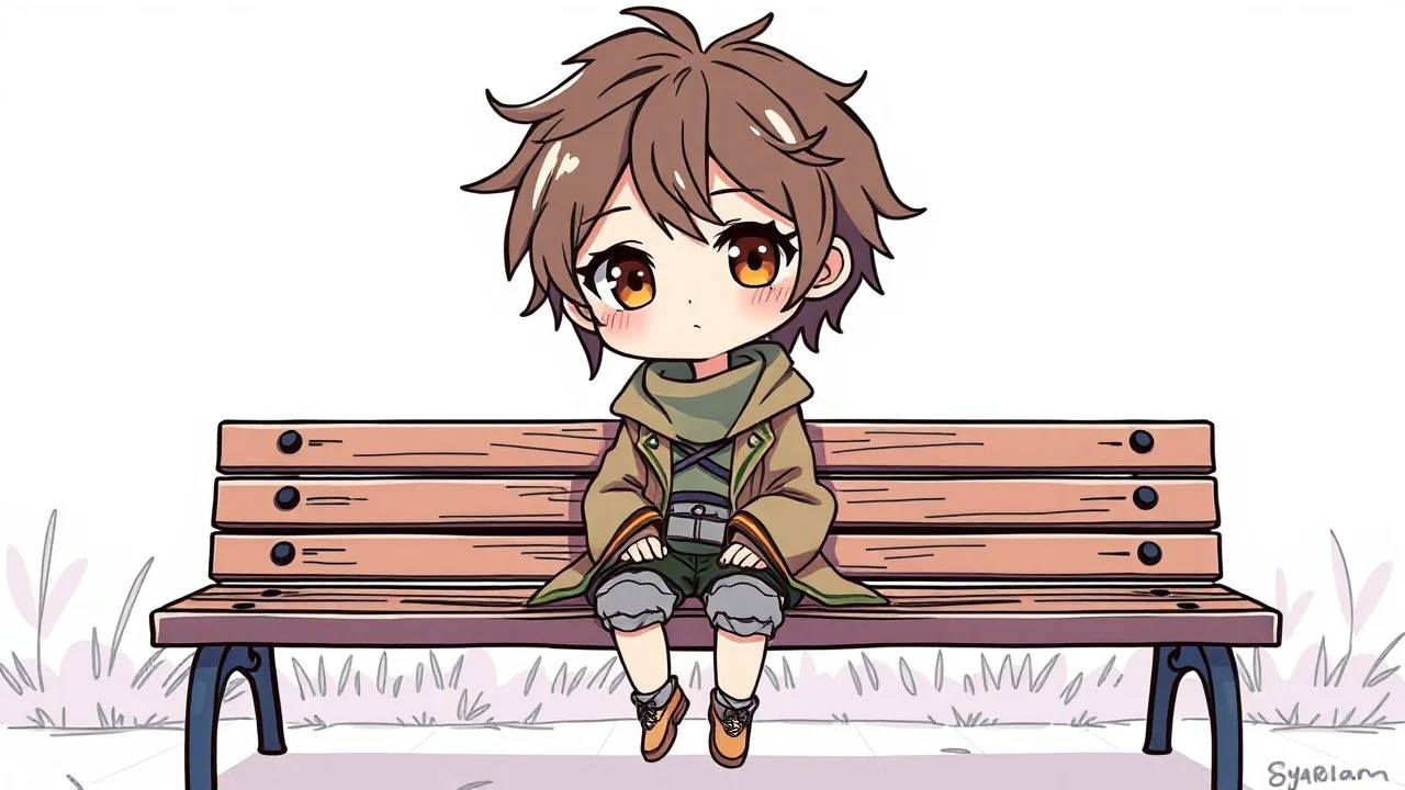 detailed color graphic art style, cute anime, detailed chibi face, sitting in modern-fantasy clothes on bench, messy hair dreamline background, pastel colors childbook style, highly detailed drawing, modern vibe, artwork, no photorealism