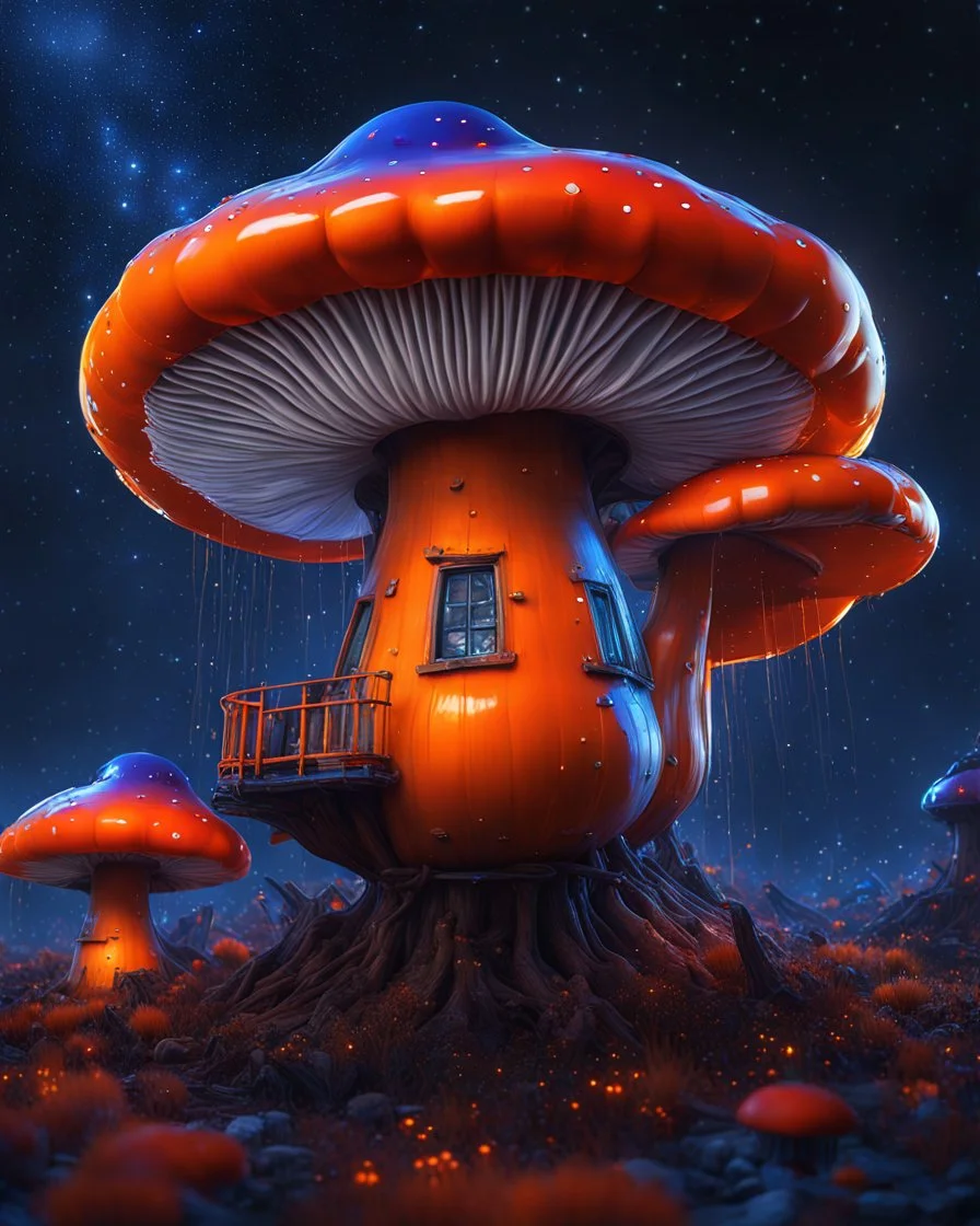 An illogical floating mushroom house on a clear moonless night. . Bright Bold Bright Colors, orange blue white, Starry Dark cosmic interstellar. Detailed Matte Painting, deep color, fantastical, intricate detail, splash screen, hyperdetailed, insane depth, concept art, 8k resolution, trending on Artstation, Unreal Engine 5, color depth, backlit, splash art, dramatic, High Quality Whimsical Fun Imaginative Bubbly, perfect composition