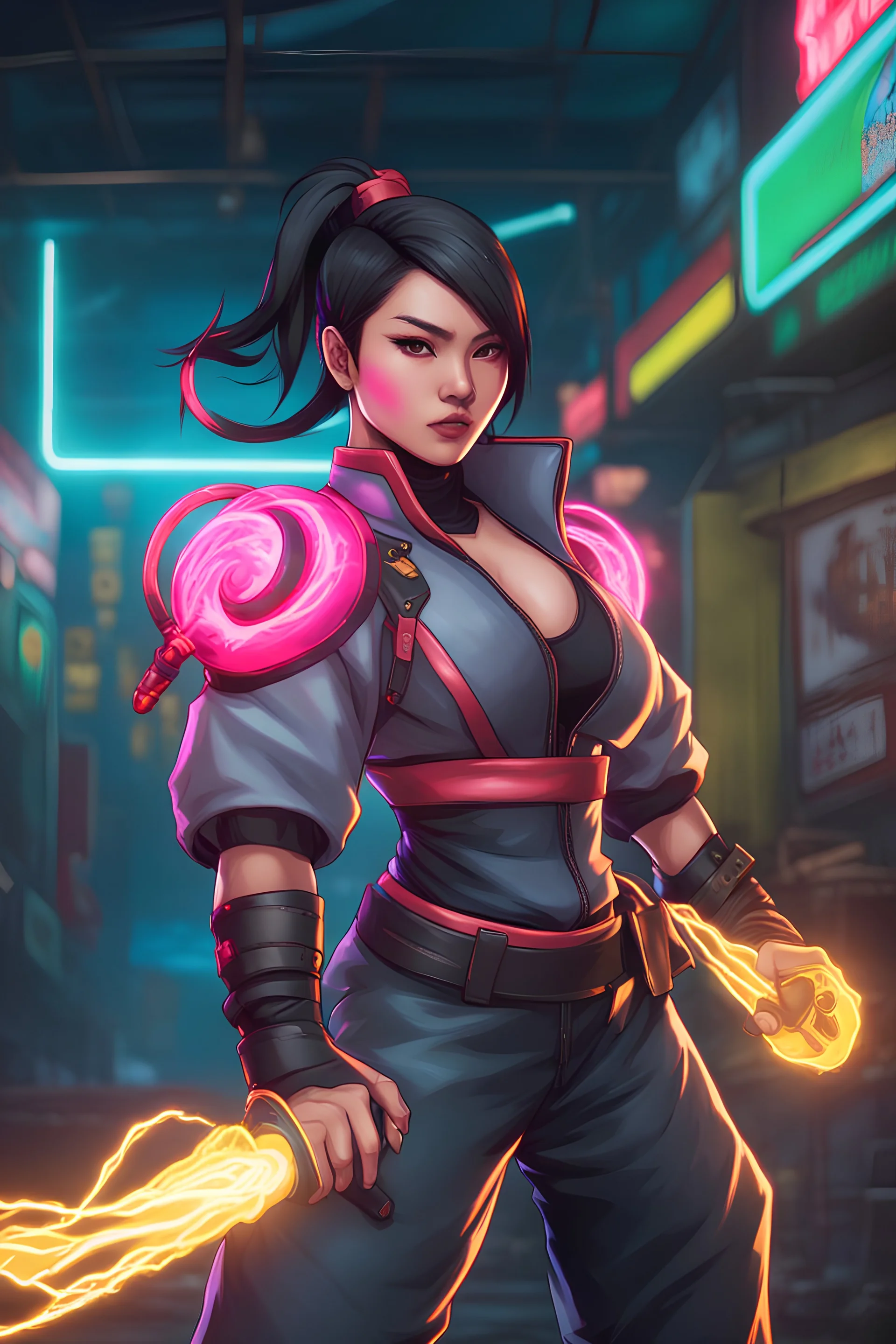 vietnamese woman combatant with electric powers,she's wearing a neon form valorant like outfit,vietnamese culture on her design,hunter x hunter style,jojo style,Street Fighter Style,Mortal Kombat Style, Tekken Style,urbancore, Kof Style,league of legends style,gen x soft club style,2000s Cartoon Style,adult swim style,Killer Instinct Style,Final Fantasy Style,todd Mcfarlane Style,mike mignola style