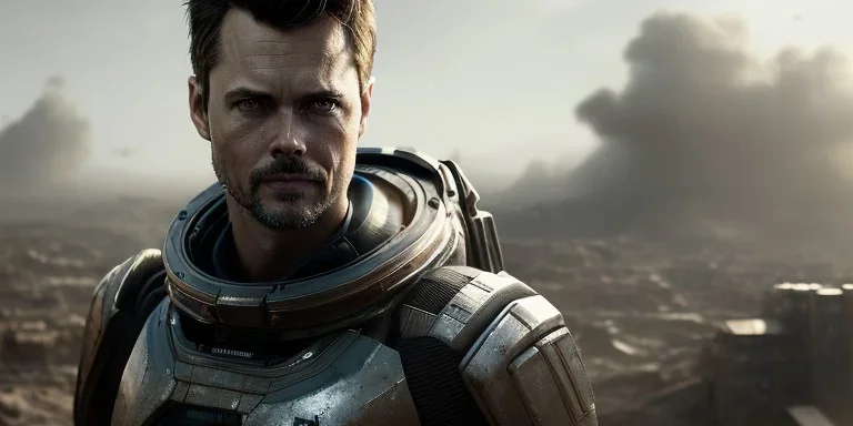 portrait, Handsome The Callisto Protocol Josh Duhamel, Space suit, post-apocalyptic in a cyberpunk city, realistic, intriacte detail, sci-fi fantasy style, volumetric lighting, particales,highly detailed,cinamatic, deep