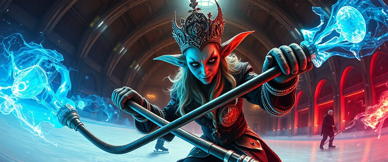 portrait of ice queen with dual wield magical aura hockey staff, pin hole cam, master oil painting by Rembrandt, d&d glam rock and glitter vampire gremlin illithid and lich playing hockey in ice skating hall or church, in the style of giger and escher, sci fi with floating little saucers