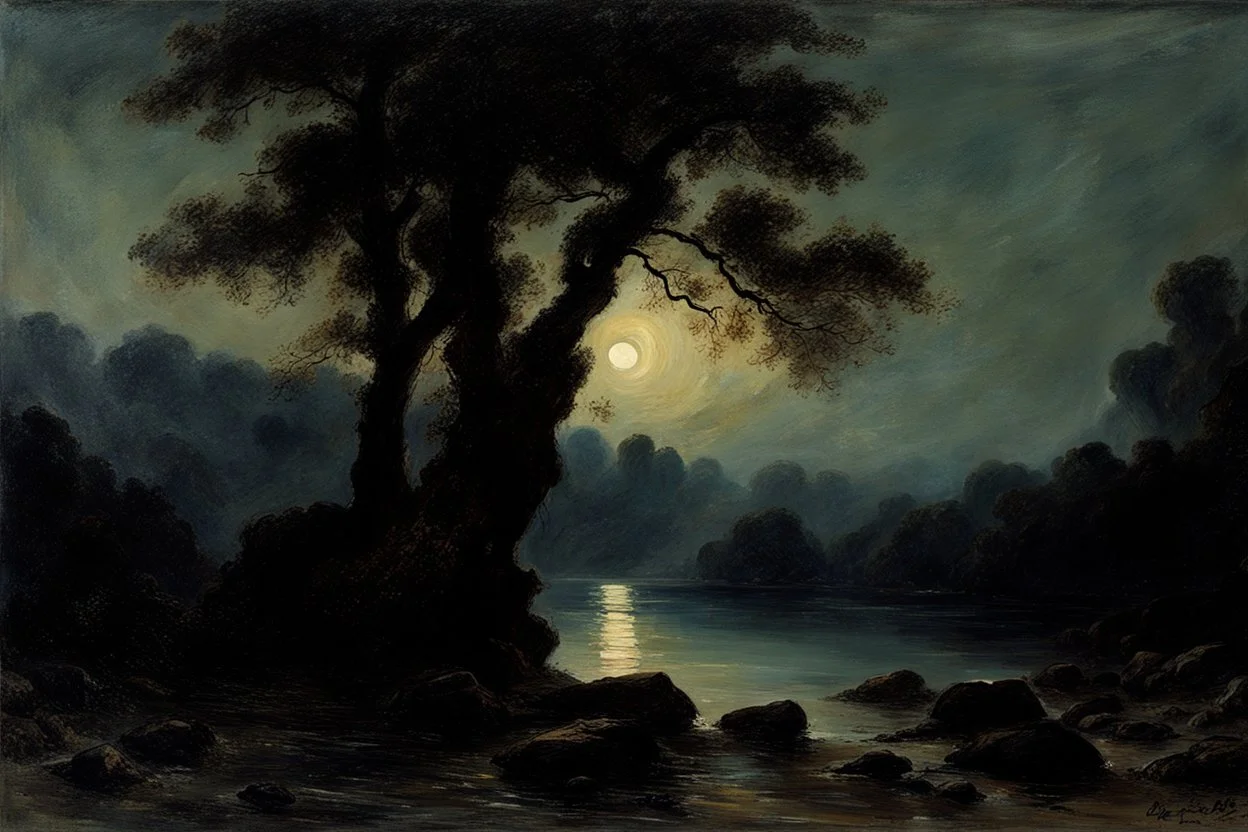 Night, rocks, trees, begginer's landscape, action movies influence, friedrich eckenfelder, and willem maris impressionism paintings