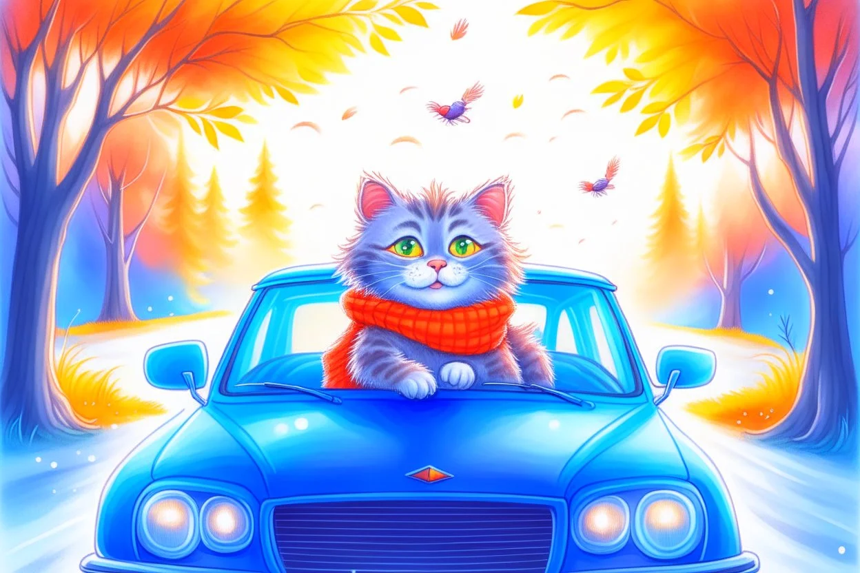 Cute little happy cat scarecrow riding a luxury car, forest path background, winter, snowflakes swirling, waterfall, reflection, mist, sunrise, smooth intricate photorealistic hyperrealistic high definition beautiful lighting pencil sketch watercolor dramatic lighting storybook illustration polished Deep shadows deep color warm light shiny glitters