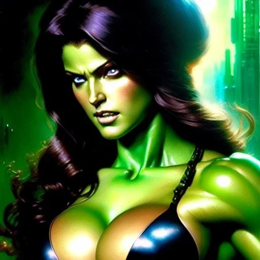 portrait 'beautiful Sexy Busty She-Hulk',crystal clear green eyes,painting by gaston bussiere, greg rutkowski, yoji shinkawa, yoshitaka amano, tsutomu nihei, donato giancola, tim hildebrandt, oil on canvas, cinematic composition, extreme detail,fit full head inside picture,32k