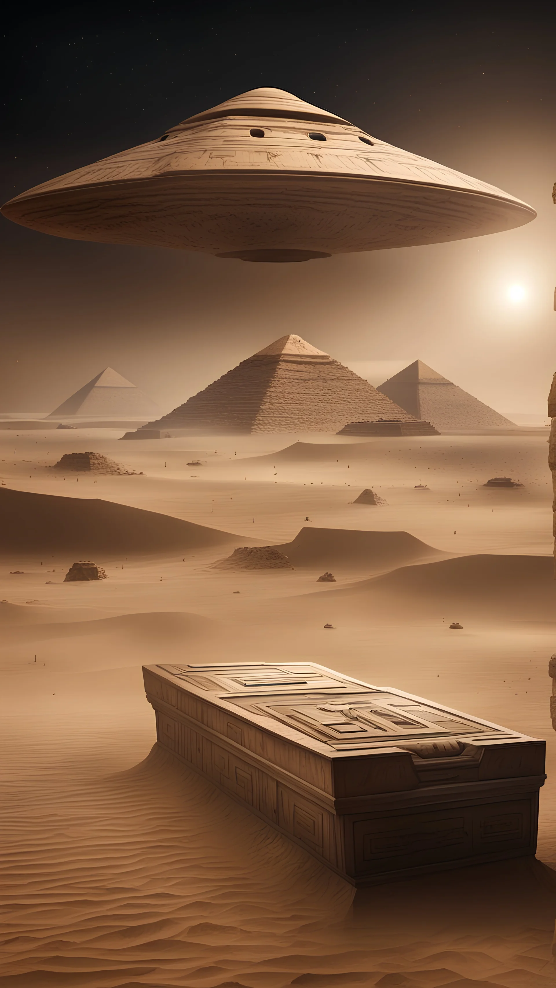 Hyper Realistic UFO spaceships outside Egyptian mummy coffins outside Pyramids with sandstorm at dark night