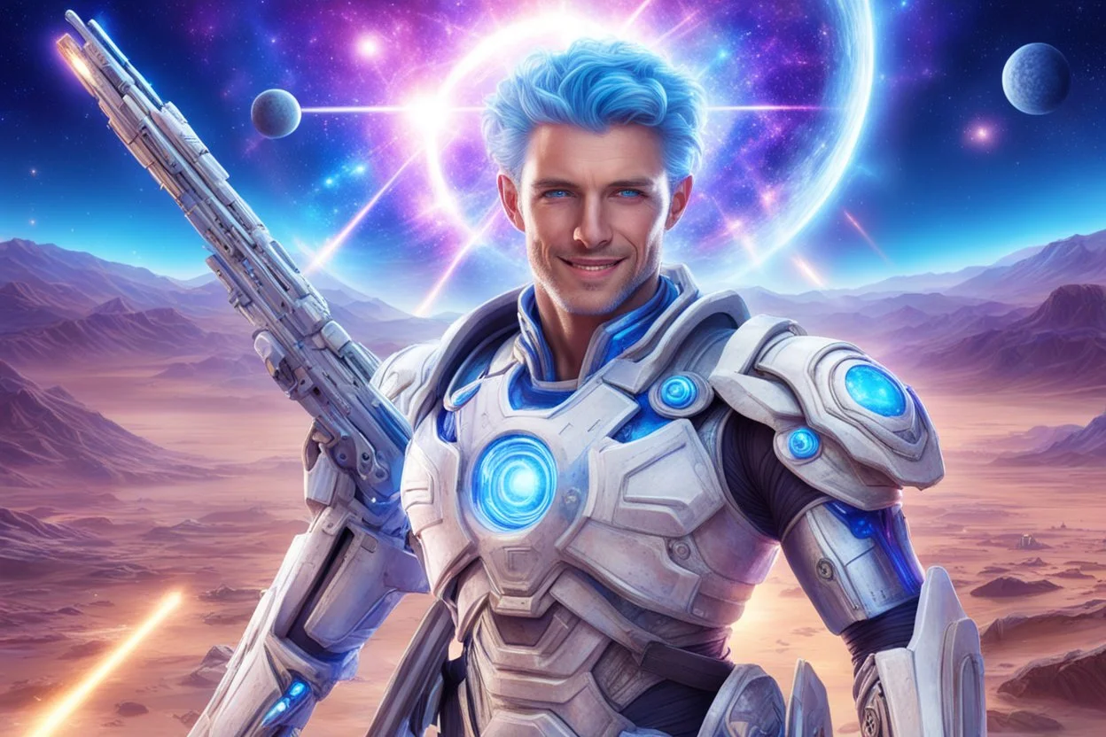 cosmic warrior men, with beautiful face, smiling, with light blue eyes and strong cosmic hi tech weapons, in a magic extraterrestrial landscape with coloured land, stars and bright beam in the sky