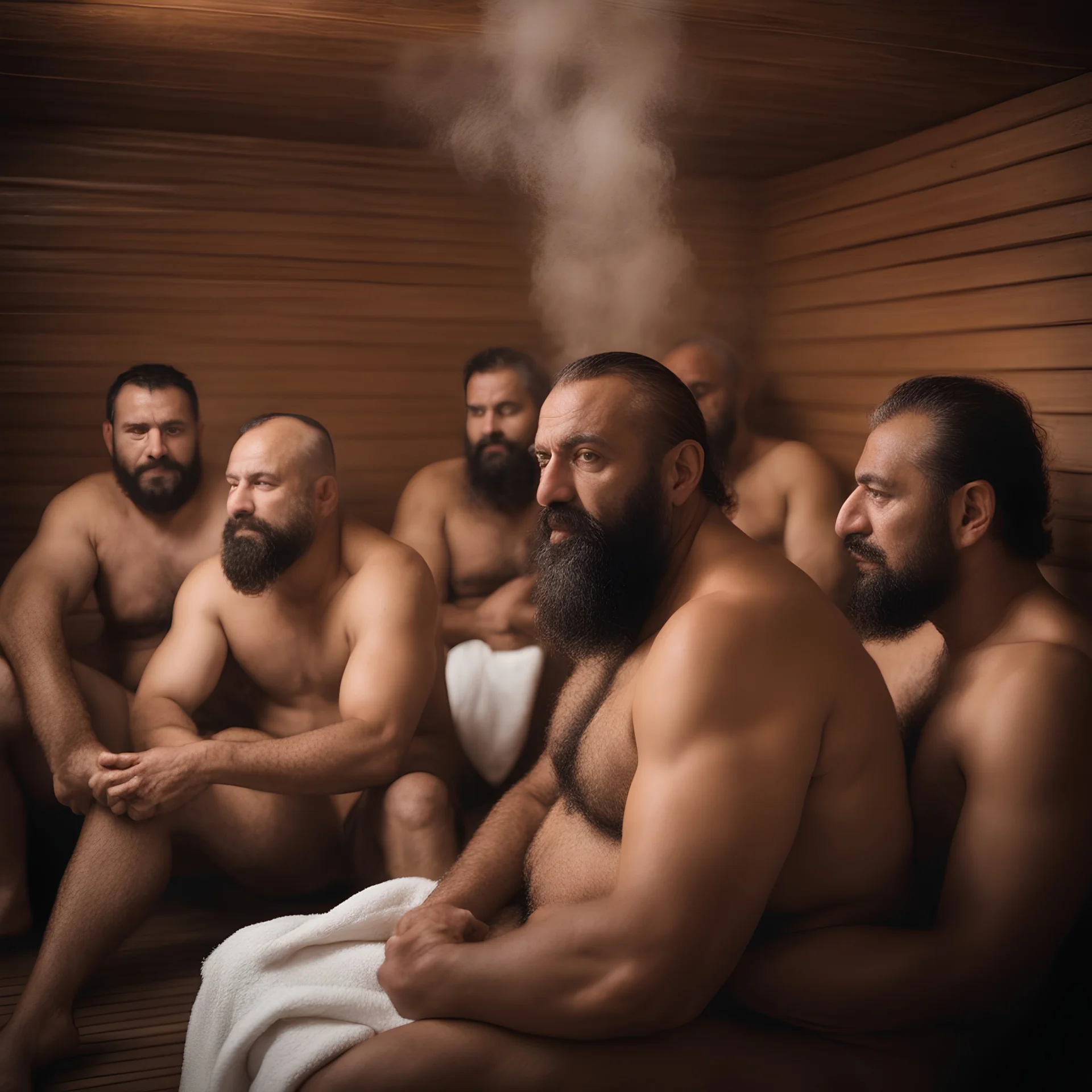 close up photography of a group of turkish and marocan 48 years old ugly chubby muscular men embraced, manly chest, covered with the towel at the hip, long beard, shaved hair, photorealistic, manly legs, manly arms, sitting in a steamy sauna, clouds of steam, side light