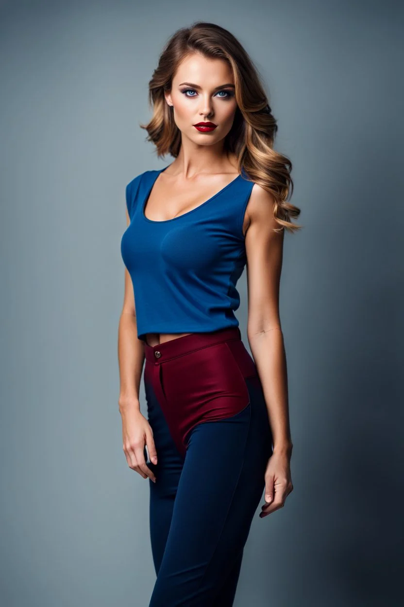 fullbody shot of young-beautiful-german girl-with-a-perfect-face-with-make-up-wearing- blue top and dark red pants standing , prophesional photography studio