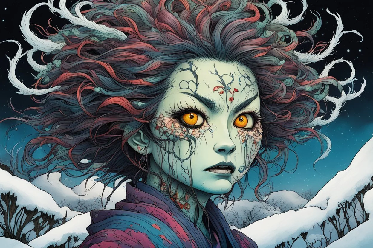 full color 3/4 profile portrait of a haggard and malevolent Harionago yokai "Barbed Woman" with wild, highly detailed hair and slim, narrow facial features, in a haunted snow clad Chaniwa garden, pierced by shafts of moonlight , art in the style of Alex Pardee, spirited away, studio ghibli, , 8k , finely detailed and precise line work, soft gauzy pastel colors