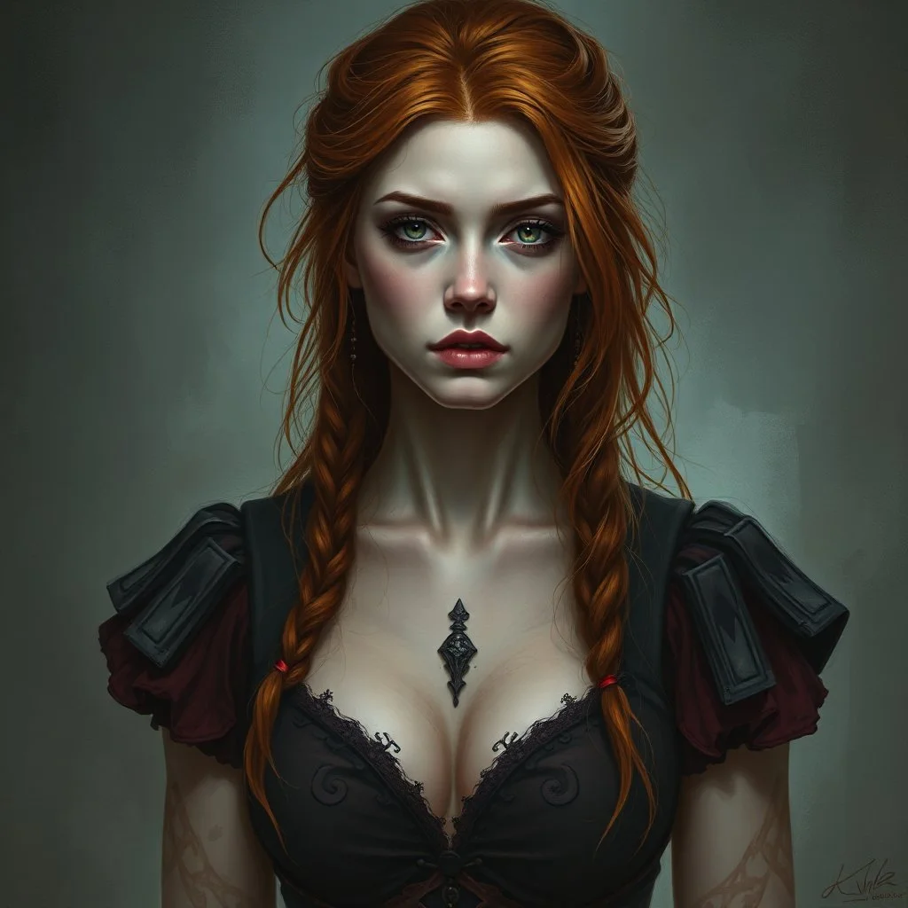 a pretty fantasy woman, young, ginger hair, troubled, unstable, dark fantasy art