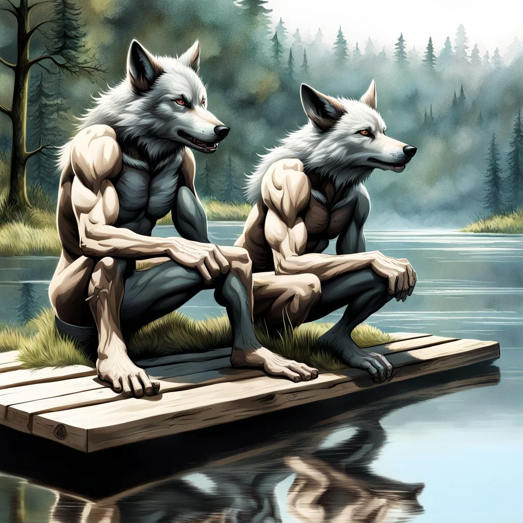 realistic anthropomorphic human-wolf hybrids in body hair lie exhausted and wet on their stomachs on two wooden boards next to a deep river, on the opposite bank in the distance, hour-long, thick-trunk trees are faintly visible, grass, mud, rain, high realistic, detailed, cinematic, sci-fi, digital art, dark fantasy mood