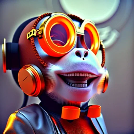 Monkey toddler, smile, steampunk headphone, sunglass, gangsta neckless, full body, orange puffer jacket, tokio background, dramatic lighting, hyper realistic, unreal engine 5, 16k