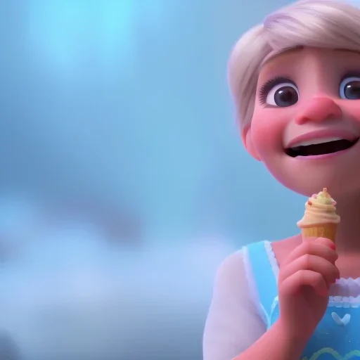 cute, adorable, smileing girl eating ice cream, candies flying all around her, Pixar, disney, cinema lighting, gaming, 8k, magic, love --q 1 --v 4