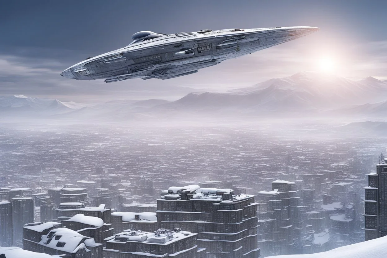 spaceship flying low over a snow-covered city