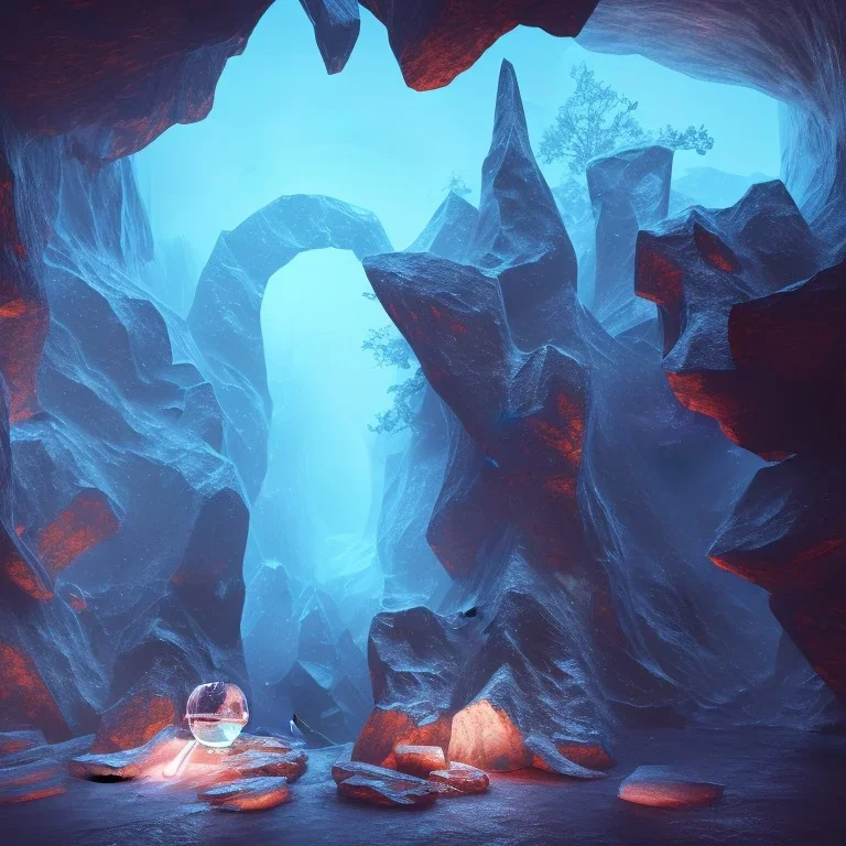 transparent crystal, on an altar in a foggy cave, cinematic,turqoise, bright light colors