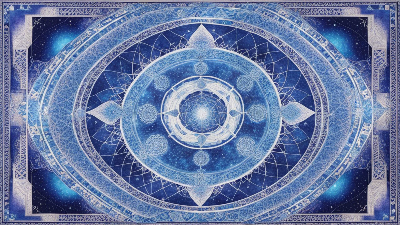 a beautiful rug with essential sacred geometry and cosmic cold colours