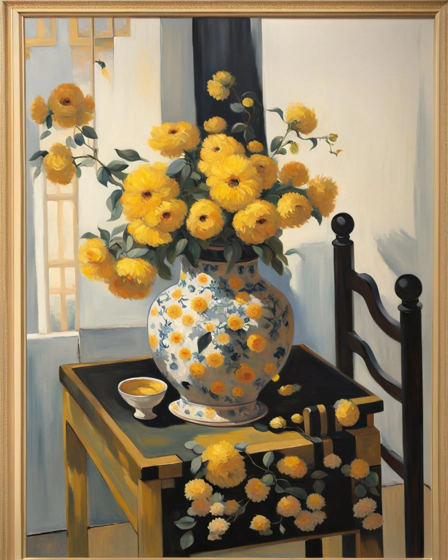 beautiful art print features yellow flowers in a chinoiserie vase sitting on a table, with black ladderback chair in background Modifiers: oil on canvas beautiful dynamic lighting crisp quality colourful acrylic art still life luminism Gustave Klimt style raw beautiful oil on canvas beautiful oil on canvas oil on canvas